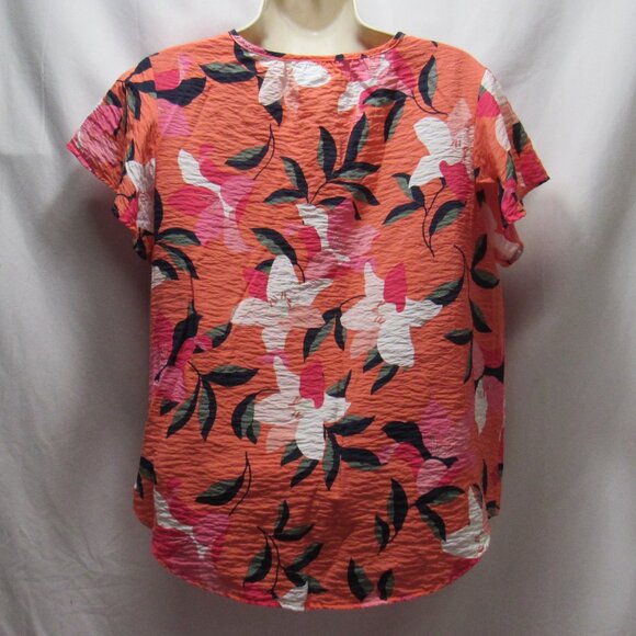 Liz Claiborne Orange Floral Women's Round Neck Short Sleeve Blouse Top Size S - Picture 2 of 5
